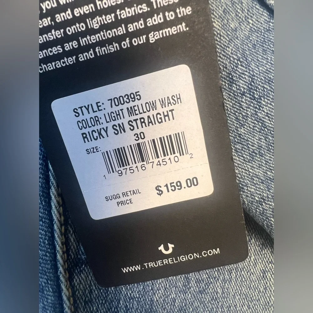 True Religion Jeans Men’s Ricky Straight Light Mellow Wash 30/34 NWT